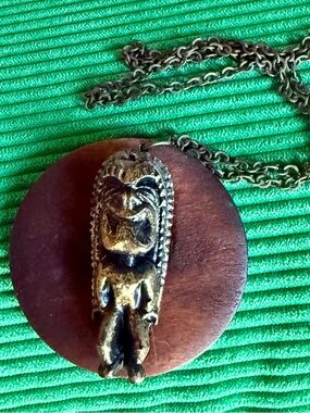 Vintage Brass Tiki 60’s Pendant on Wooden Disc Necklace - Midcentury Modern